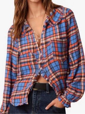 Pilcro Blue and Orange Plaid Button-Front Blouse